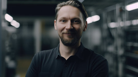 A smiling Swedish male electronic factory worker standing in factory. Generative AI AIG19.の素材