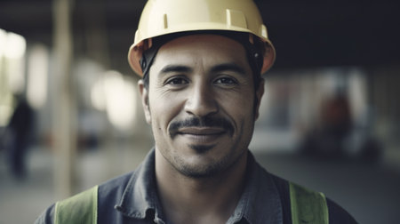 A smiling Hispanic male construction worker standing in construction site. Generative AI AIG19.の素材
