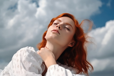 Happy slumber woman rest on peaceful serene and calm cloud in the relaxing sky. distinct generative AI image.の素材