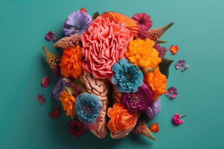 Human brain made with flowers in concept of mental health and self caring. distinct generative AI image.の素材