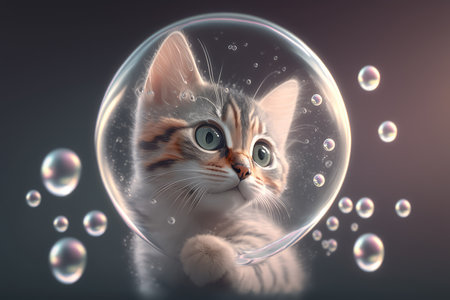 A cute japanese anime style kitten cat in soap bubble. distinct generative AI image.の素材