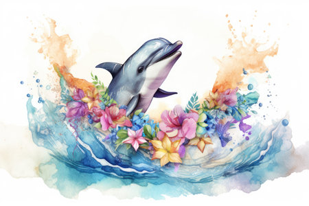 Happy dolphin in hand drawing watercolor style with summer flower decoration. distinct generative AI image.の素材