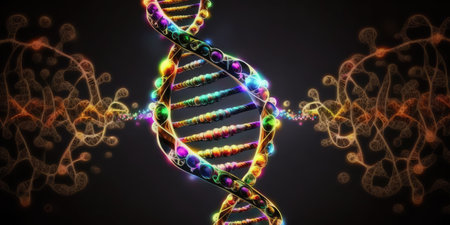 DNA molecule double helix in colorful. distinct generative AI image.の素材