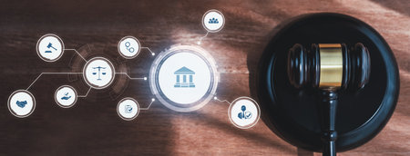 Smart law, legal advice icons and lawyer working tools in the lawyers office showing concept of digital law and online technology of astute law and regulations .の写真素材