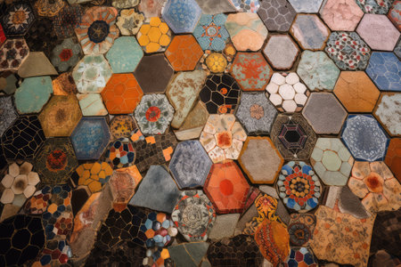 Mosaic art abstract background in hexagonal shape. distinct generative AI image.の素材