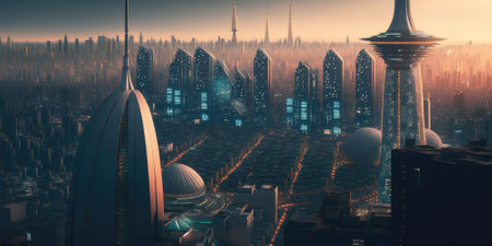 Science fiction fantasy world cityscape skyline with futuristic building architecture. superlative generative AI image.の素材