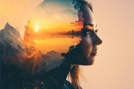Double exposure image woman portrait with the orange sunset for peaceful mind and psychological concept. Meditative and healthy mental therapy abstract art. Superb Generative AIの素材