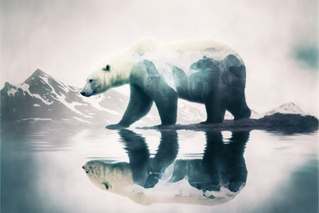 image shown by polar bear suffer due to melting ice caused by the impact of climate change on double exposure of global warming turning arctic hotter in background. Superb Generative AI.の素材