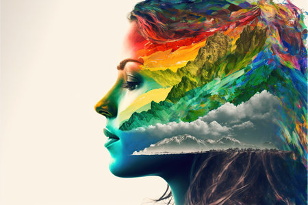Double exposure woman portrait with vivid rainbow color smoke for positive mindset and creative state of mind and psychology concept. Meditative and mental ability abstract art. Superb Generative AIの素材