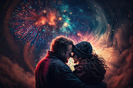 hugging happiness young couple while fireworks coloring the sky. Glorious Generative AI.の素材