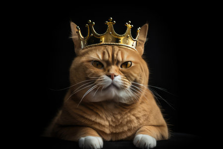King of cat wearing crown on dark background. distinct generative AI image.の素材