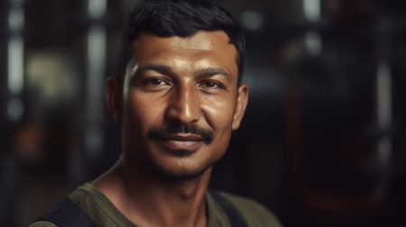 A smiling Indian male factory worker standing in oil refinery plant. Generative AI AIG19.の素材