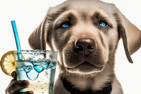 Labrador retriever puppy dog with glass of cocktail on white backgroundの素材