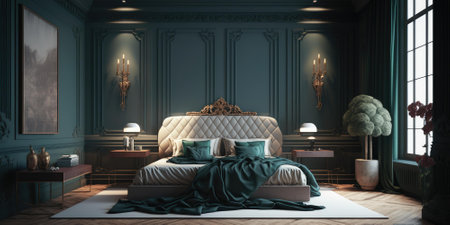 Baroque style bedroom interior in luxury hotel. superlative generative AI image.の素材