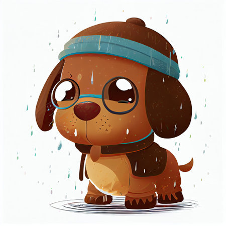 Cute puddle comic wearing a beanie with sweater and hut. Concept of dog profile with isolated background. Designed by hip hop costume. Glorious generative AI.の素材