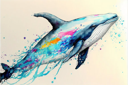 Vibrant colorful dolphin whale in watercolor splashing painting on isolated background, vivid aquatic life artwork concept. Superb Generative AIの素材