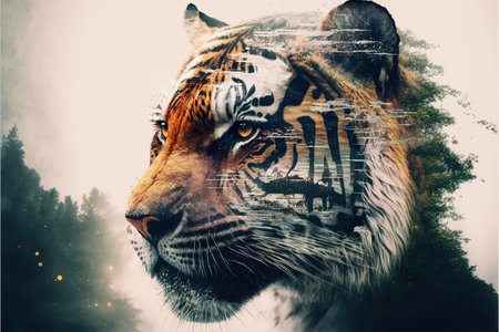 Striped bengal tiger in double exposure merge its head with lush forest design in background as majestic adventurous wildlife in nature. Superb Generative AI.の素材