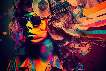 Abstract art in overlapped musician with hairstyle decorated by instrument design. Concept of captivated in exotic music styles with cyberpunk color. Glorious generative AI.の素材