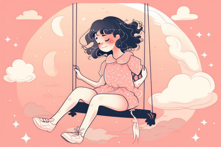 Cartoon graphic art style of little girl swinging with happiness. distinct generative AI image.の素材