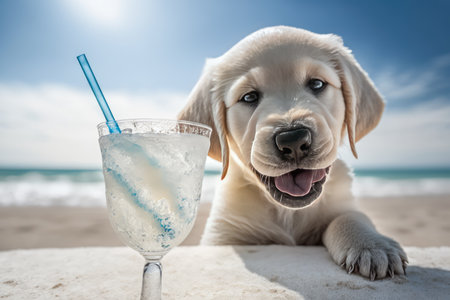 Labrador retriever puppy dog with glass of cocktail on white backgroundの素材