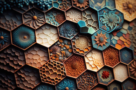 Mosaic art abstract background in hexagonal shape. distinct generative AI image.の素材