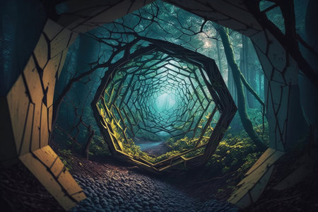 The hidden hexagon tunnel of the mysterious forest. distinct generative AI image.の素材