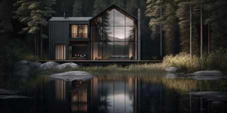 Luxurious scandinavian nordic home in the forest in evening scene. superlative generative AI image.の素材