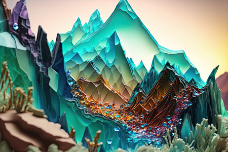 Landscape waterfalls and mountains made from carnival glass. Glorious Generative AI.の素材