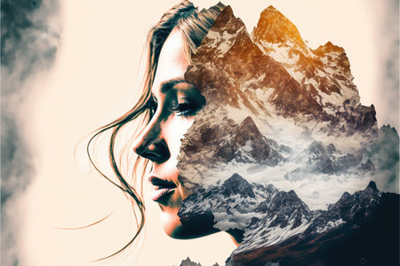 Double exposure woman portrait with cloudscape and mountain range background for sense of peaceful tranquility concept. Meditative natural freshness and mental abstract art. Superb Generative AIの素材