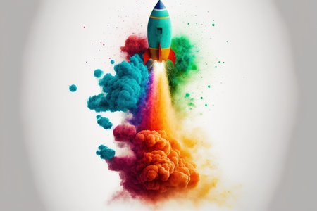 Creative rocket launch by exploding engine of creativity , taking off for new opportunity . Admirable Generative AI image .の素材