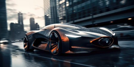 Elegant luxury super sports car future design driving on modern city highwayの素材