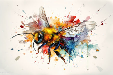 Honey bee watercolor painting hand-drawn style. distinct generative AI image.の素材