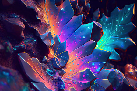 Art design of luxurious supernatural forest with holographic iridescent beautiful in closeup macro. Beauty inspiration in array gilded shimmering concept. varieties of plants. Glorious generative AI.の素材