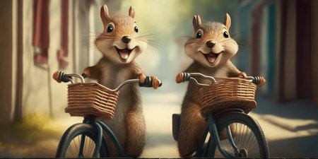 squirrels have fun bicycle ride on sunshine day in summer on town streetの素材