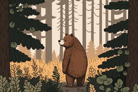 Brown bear in a forest super cute cartoon art style nordic style. Generative AI AIG16.の素材
