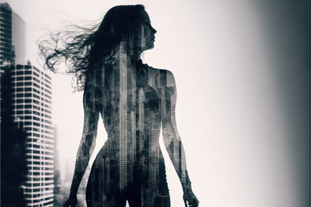 Ambitious businesswoman in black suit-clad profile with background residential city highrise buildings in double exposure, Successful businesspeople with strategic plans. Superb Generative AI.の素材