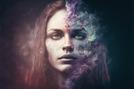 Universe and galaxy inside woman brain portrait double exposure, bright stars of milky way as metaphor concept for sense of human mind. Meditative and mental ability abstract art. Superb Generative AIの素材