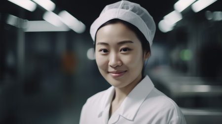 A smiling young Asian female electronic factory worker standing in factory. Generative AI AIG19.の素材