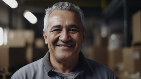 A smiling senior Hispanic male factory worker standing in warehouse. Generative AI AIG19.の素材