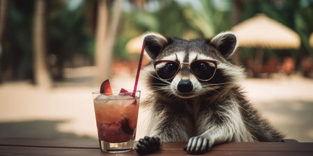 raccoon is on summer vacation at seaside resort and relaxing on summer beachの素材