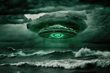 Green filtered image of UFO flying above stormy oceanの素材