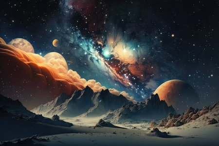 Beautiful celestial sky in dreamy fantasy with bright star in the sky over nature landscapeの素材