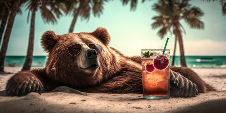 grizzly is on summer vacation at seaside resort and relaxing on summer beachの素材