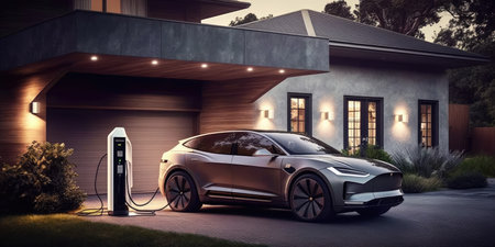 Electric car EV charging battery at charger station. distinct generative AI image.の素材