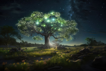 Beautiful celestial sky in dreamy fantasy with bright star in the sky over nature landscapeの素材