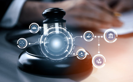 Smart law, legal advice icons and lawyer working tools in the lawyers office showing concept of...