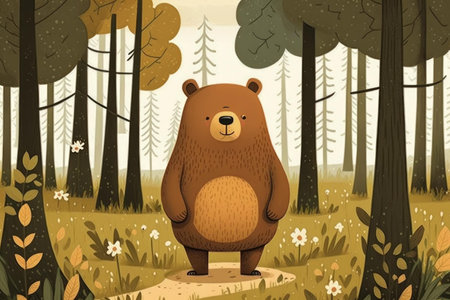 Brown bear in a forest super cute cartoon art style nordic style. Generative AI AIG16.の素材