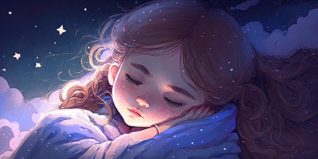 A cute and adorable girl is sleeping under night sky between stars pillow. Generative AI AIG16.の素材