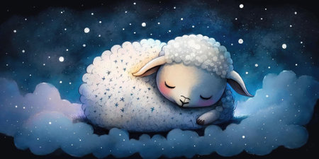 A cute and adorable lamb is sleeping under night sky between stars pillow. Generative AI AIG16.の素材