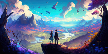 Hiker looking at breathtaking scenery of mountain landscape in hand drawn oil color cartoon style. superlative generative AI image.の素材